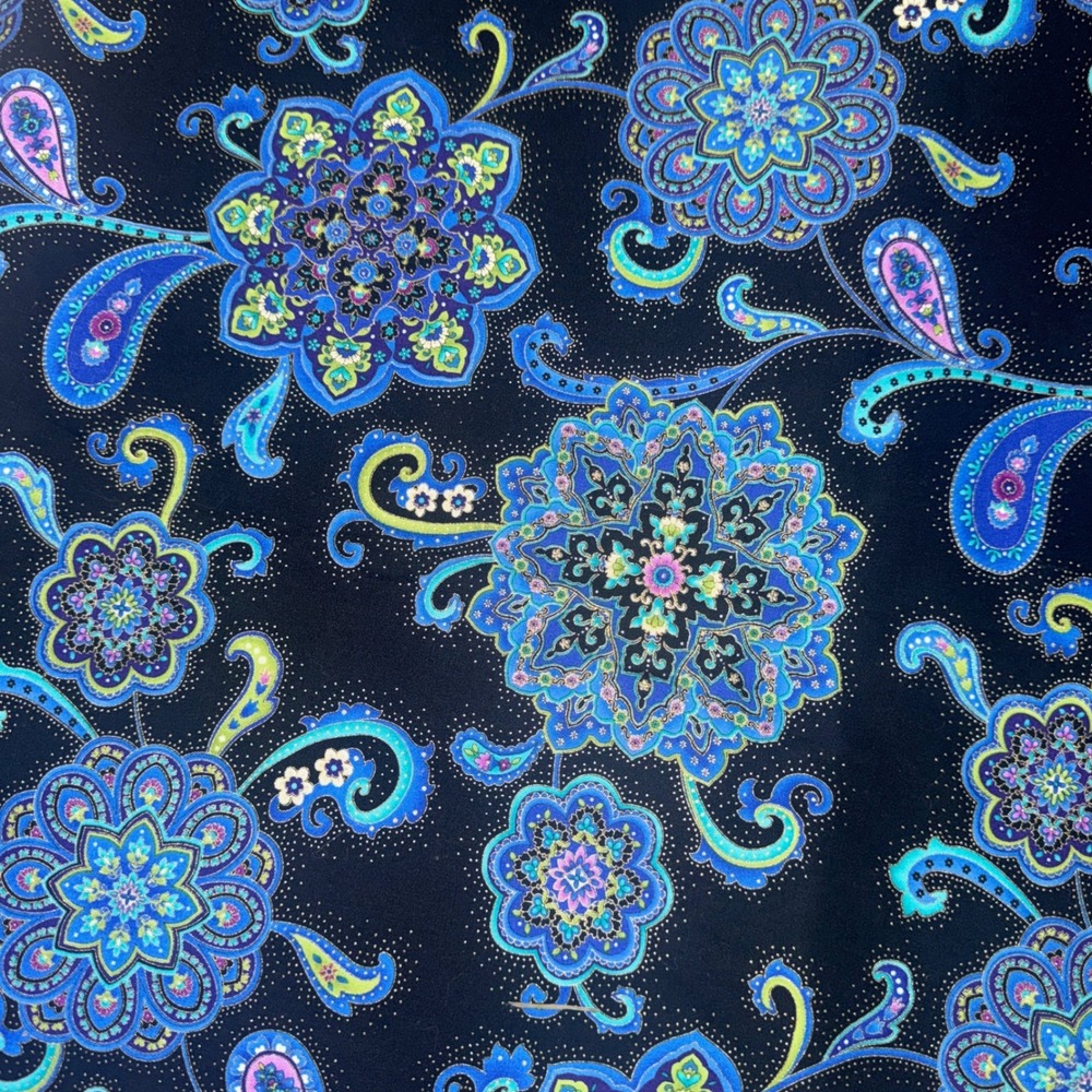 Timeless Treasures Mystique Fabric 5.11 Yds Black Blue Mandala Paisley Metallic